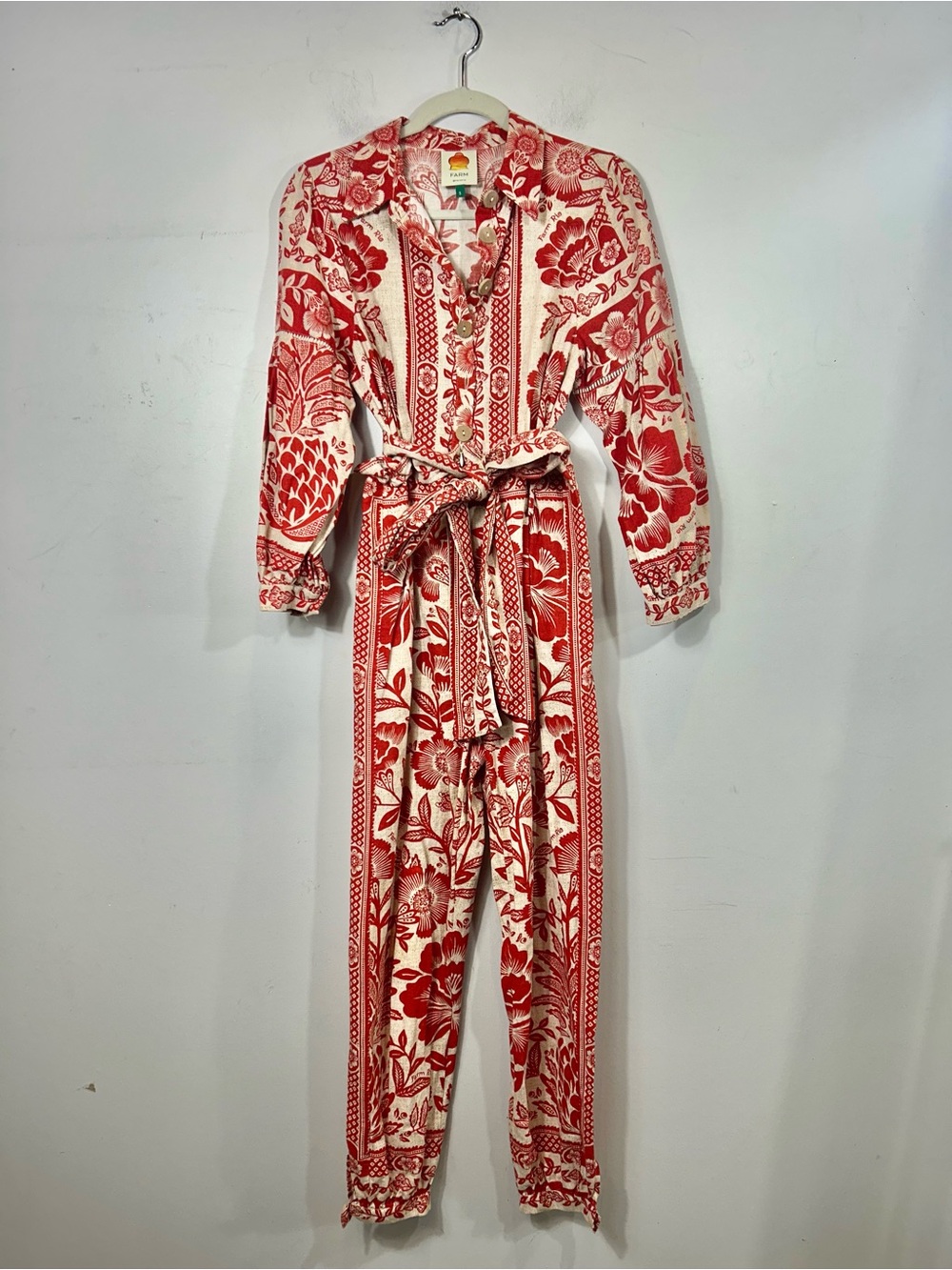 FARM Rio Red Tropical Tapestry Print Long Sleeve Belted Jumpsuit - Picture 2 of 5